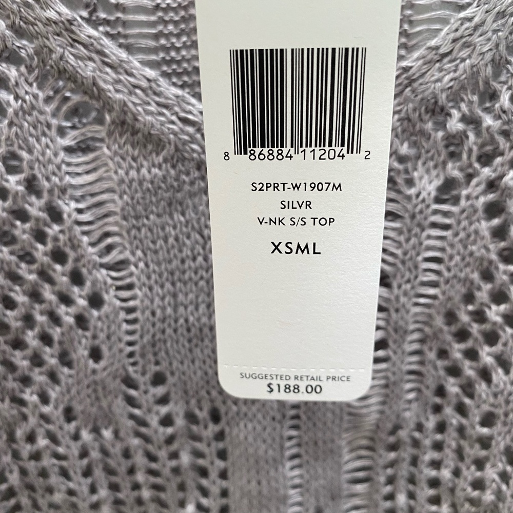 Eileen Fisher Precious Metal Open Texture Linen Silver V Neck S/S Top XS - Picture 10 of 11